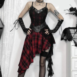 Vestido lencero a cuadros con empalme de encaje grunge