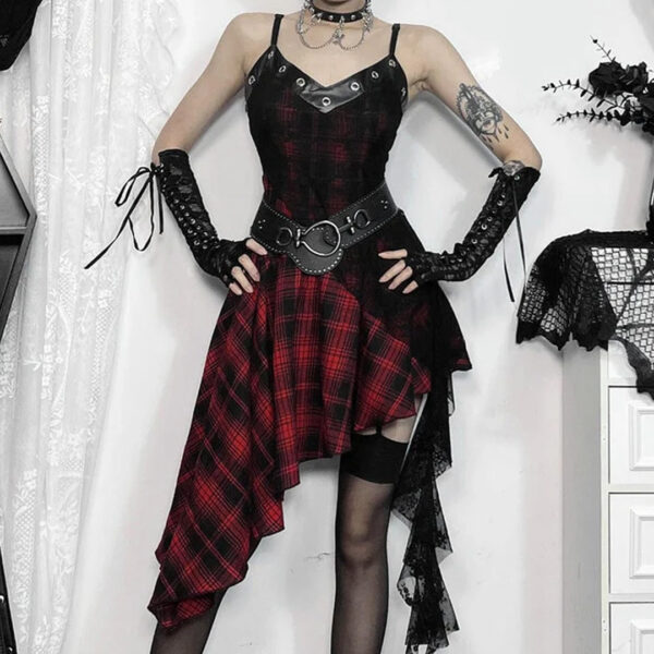 Vestido lencero a cuadros con empalme de encaje grunge